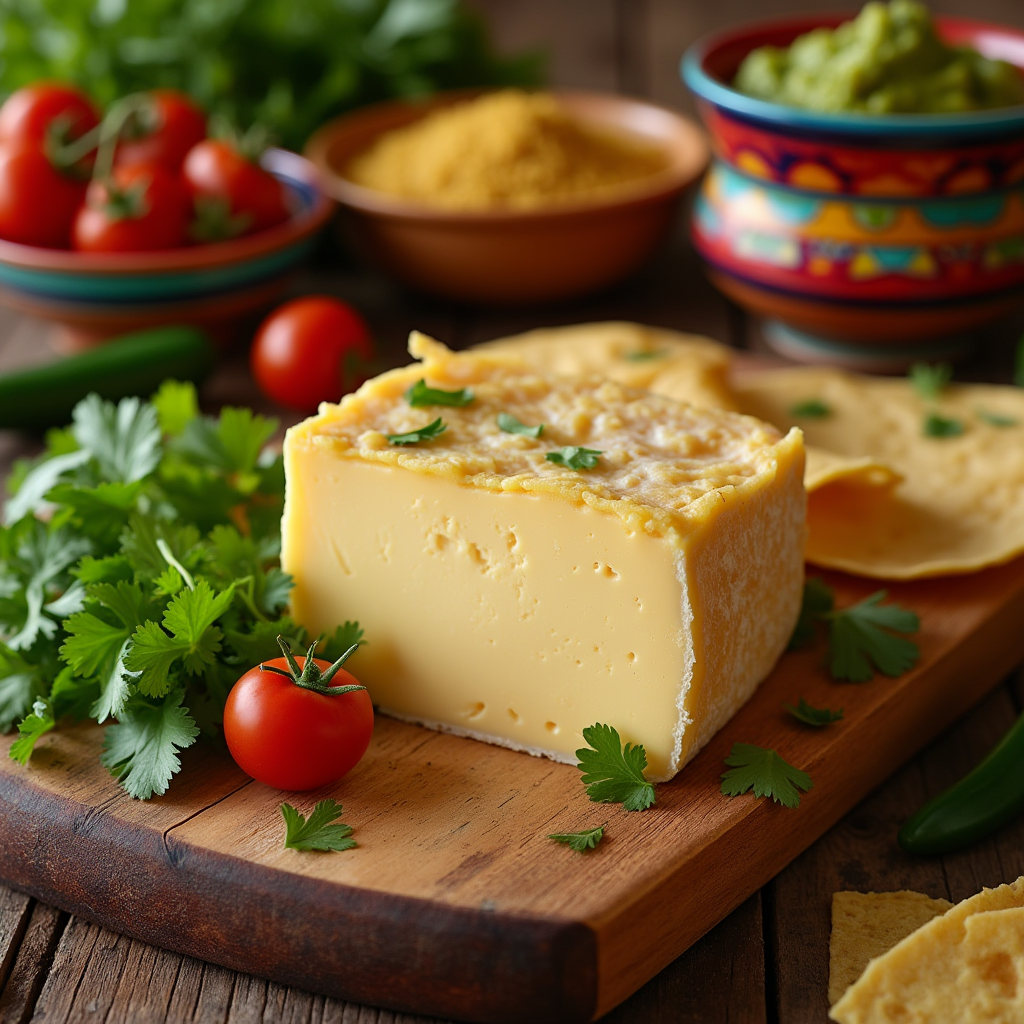 A rustic Mexican countryside scene depicting traditional cheese-making, featuring a picturesque landscape with rolling hills, adobe huts, and a serene village, showcasing artisans crafting Chihuahua cheese from fresh milk, with rich textures of the cheese and traditional clay pots, all bathed in warm sunlight.
